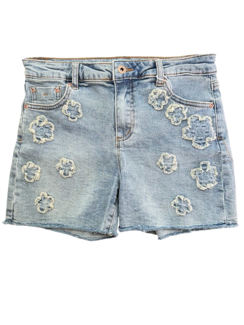 Tractr Denim Shorts Girls Light Wash Size 14 Crochet Flower Patch Frayed NWT - Picture 3 of 11